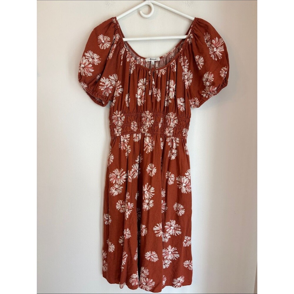 Madewell Linen-Blend Sophia Midi Dress Rust Floral Puff Sleeve Fall pockets Med - Picture 5 of 12
